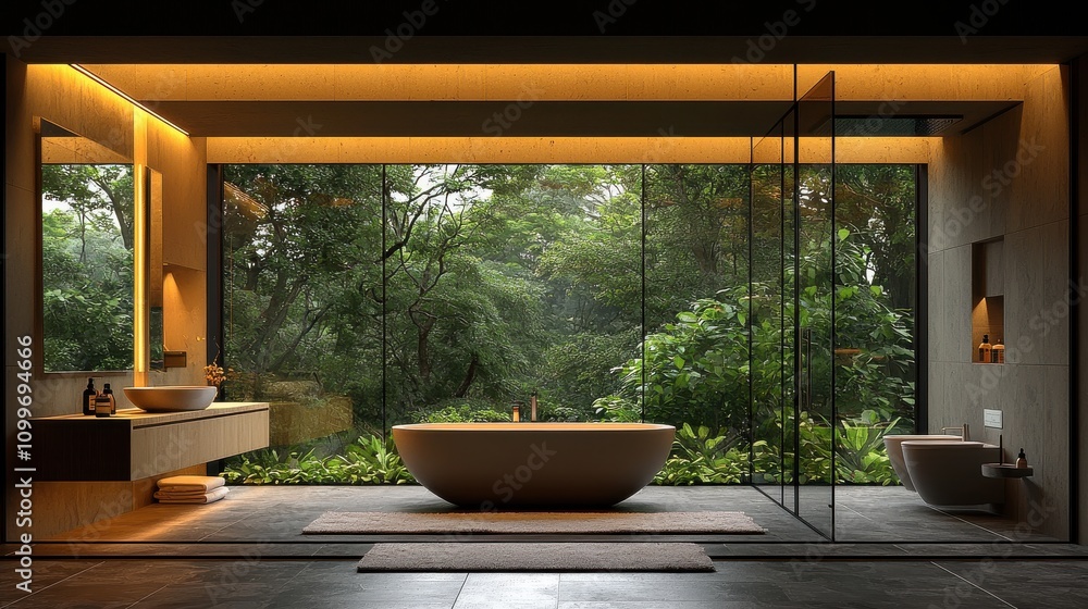 Poster elegant bathroom design with a forest view and modern features in a tranquil setting