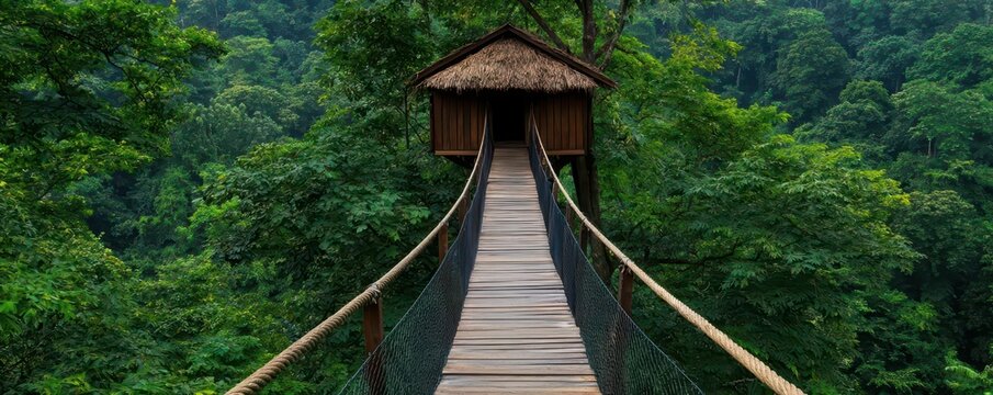 Fototapeta A treehouse accommodation nestled high in a forest canopy, with a rope bridge leading to it and scenic views below
