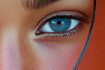 Obraz premium An extreme close-up of a blue eye gazing through curved reflective surfaces, creating an abstract composition.