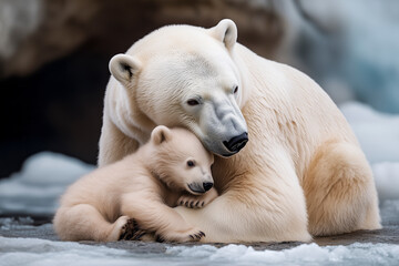 Fototapeta premium Eisbärenmutter mit Eisbärenbaby, kleines Eisbärenbaby schmiegt sich an die Mama, die es beschützt, Eisbär Mutter mit Nachwuchs