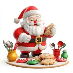 Cheerful Santa Claus holding a cookie surrounded by festive treats and utensils.