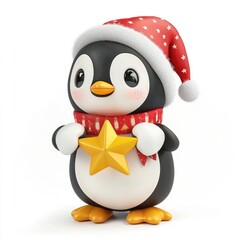 Adorable penguin in a Christmas hat holding a star ornament.