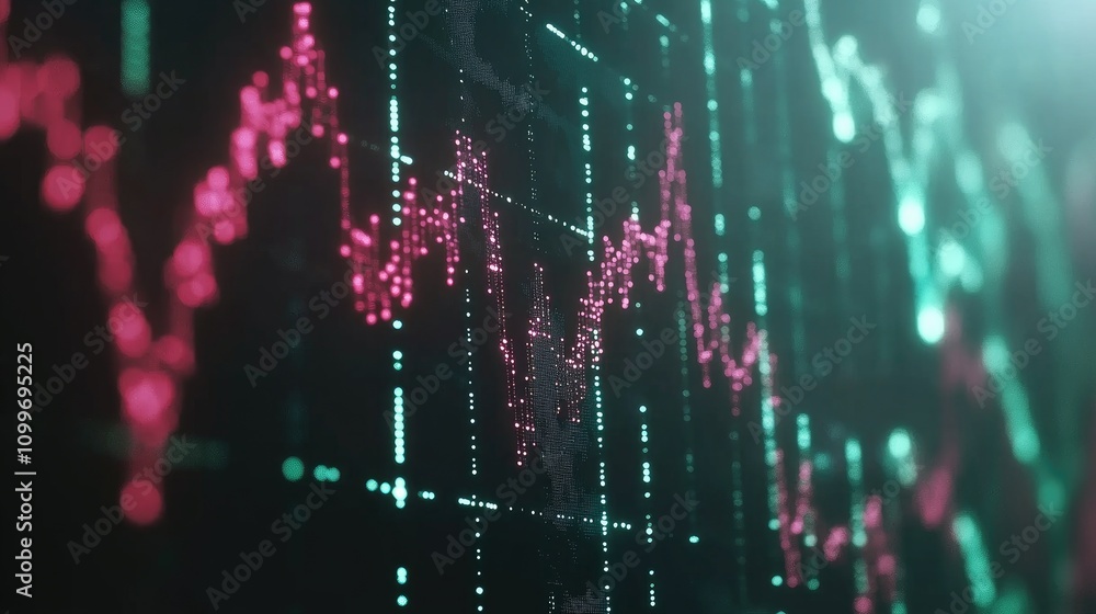 Poster a high-tech financial line graph with glowing points marking fluctuations in bank data on a dark bac