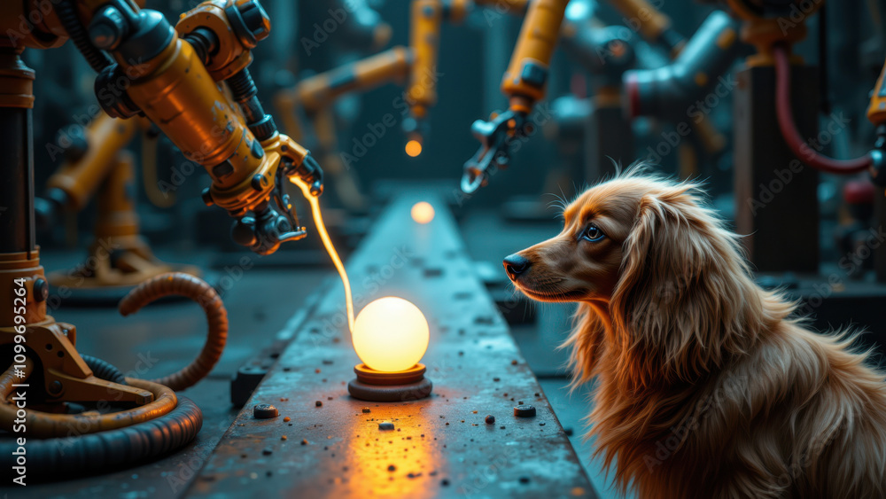 Poster cute dog sitting next to a robot factory with many robots.