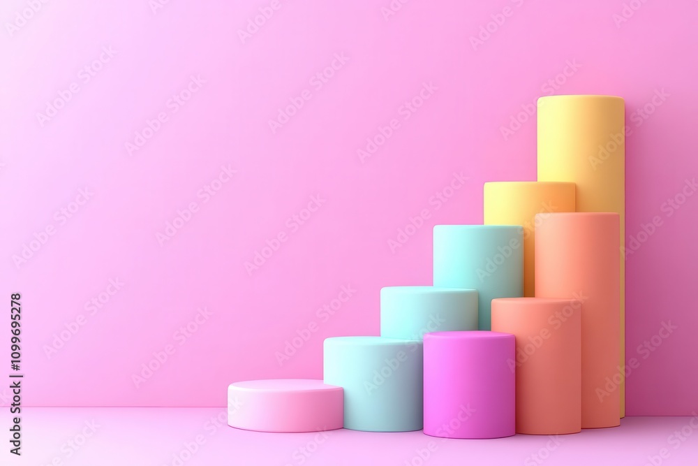 Poster colorful cylindrical shapes arranged in an ascending pattern against a soft pink background, creatin