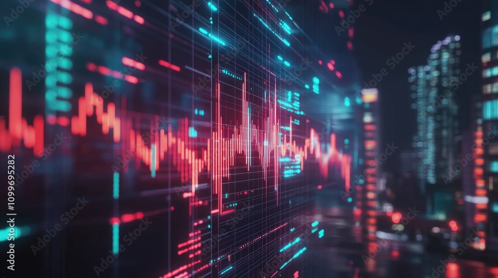 Poster a high-tech financial line graph with glowing points marking fluctuations in bank data on a dark bac