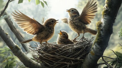 A heartwarming scene of baby birds stretching their wings in a nest, surrounded by twigs and soft materials, under the watchful eye of a nearby tree