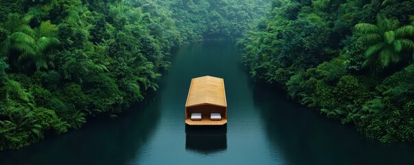 A floating riverboat hotel, gliding through a dense jungle, offering adventurous travelers unique accommodations, 3D render