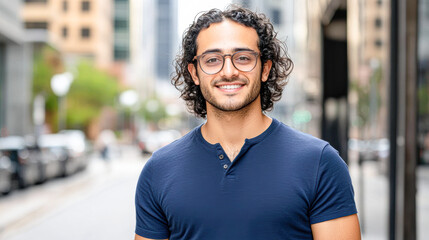 Fototapeta premium Young Man Smiling Confidently on Urban Street Enhances Professional Image for Career Success