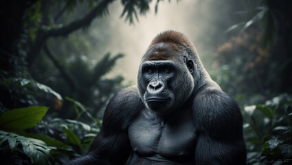 Obraz premium Gorilla in lush jungle environment displaying calm demeanor