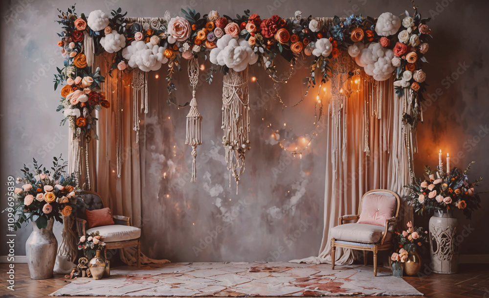 Poster room with a white wall and a floral arrangement. there are two chairs in the room. one chair is in t