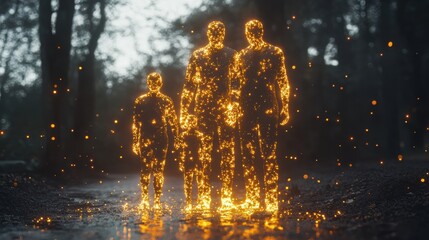 Fototapeta premium Luminous Silhouettes, glowing family figures walking through a forest, evoking mystery and wonder.