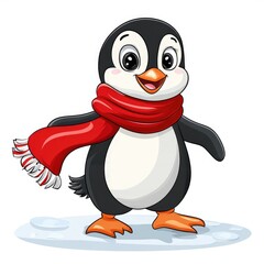 Obraz premium Cute cartoon penguin wearing a red scarf on a snowy background.