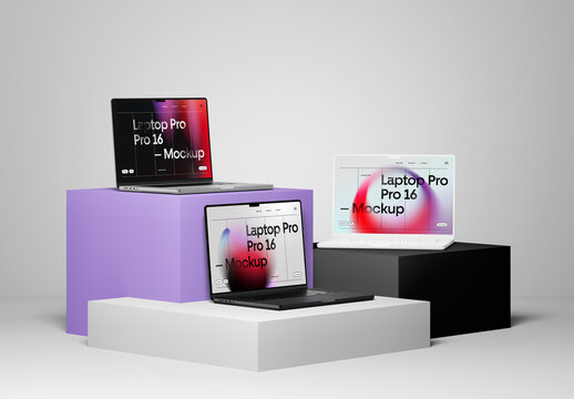 Three Laptop Pro on Boxes Mockups