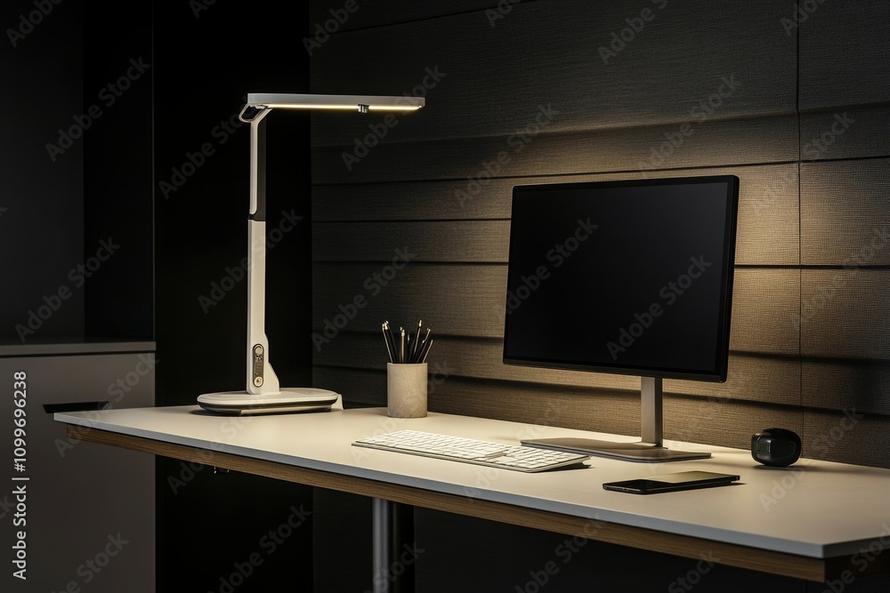 Poster modern workspace setup with desk lamp, computer monitor, and keyboard in minimalist interior design 