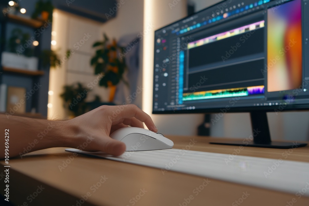 Poster modern workspace with computer monitor and mouse, featuring colorful graphical interface and natural