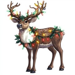 Obraz premium Festively decorated reindeer with colorful lights and greenery for a cheerful holiday vibe.