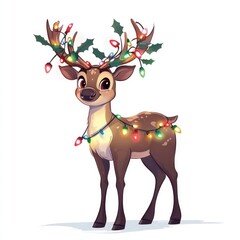 Fototapeta premium Cute reindeer adorned with Christmas lights and holly, perfect for holiday themes.