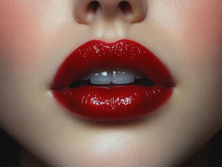 Close-up of a woman's sensual lips with glossy pink lipstick
