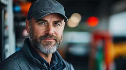 Smiling mechanic in uniform with bearded face in auto repair garage, confident expression, professional service, automotive expertise, industrial work, and skilled trade