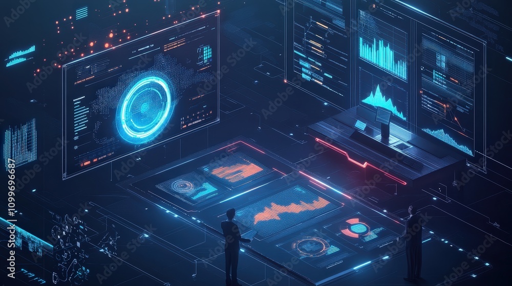 Poster imagine a futuristic ai-driven business office where data analysis and automation are handled by a d