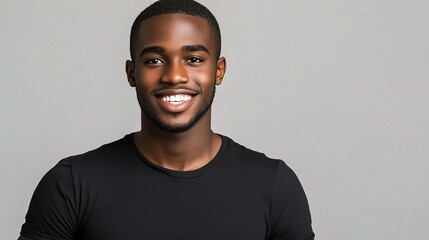 Obraz premium Young African American Man Smiling Confidently in Black T-Shirt