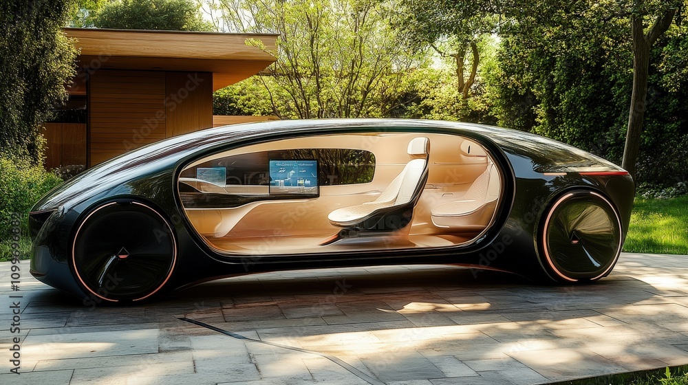 Poster imagine a futuristic car designed with advanced ai that can learn the driver preferences over time.