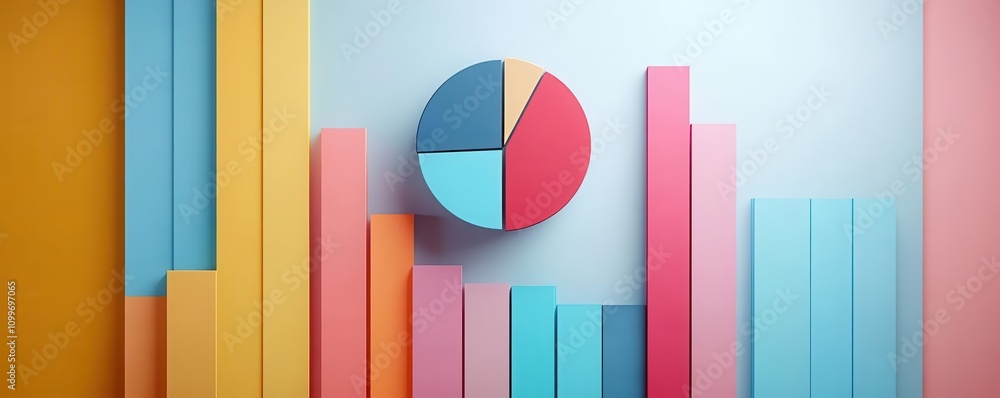 Poster a colorful display of a pie chart and bar graph made from layered paper, representing data visualiza