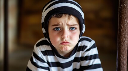 Sad child in a black and white striped outfit with a frowning expression, sitting indoors with a thoughtful gaze and visible emotion.