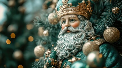 Festive St Nicholas figurine in green attire surrounded by decorative ornaments, embodying the spirit of celebration and holiday cheer.