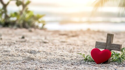 Fototapeta premium Symbolic red heart resting beside a wooden Christian cross on a gravel floor basking in the morning light with the beach and sea beyond representing the promise of salvation and the love of Jesus