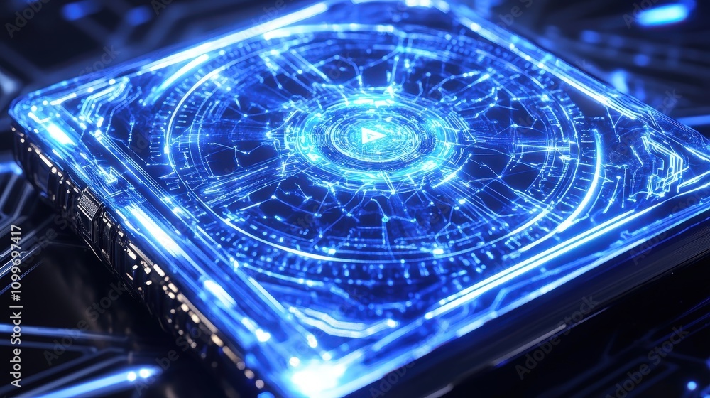Poster imagine a futuristic notebook with a mesmerizing mandala design on the cover, glowing with digital c