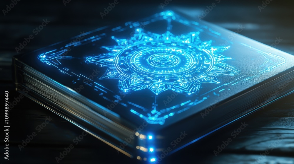 Poster imagine a futuristic notebook with a mesmerizing mandala design on the cover, glowing with digital c