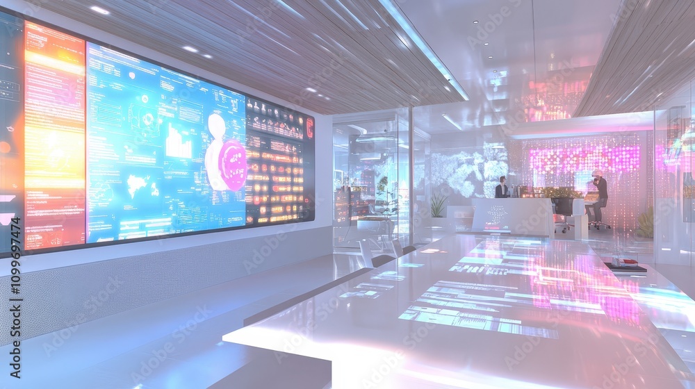 Poster imagine a high-tech marketing office where ai is used to analyze data and generate insights. the dig