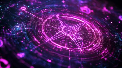 Obraz premium vibrant digital artwork showcasing a glowing pink and blue compasslike design intricate circuitry and bokeh effects It evokes technology future, and cosmic themes