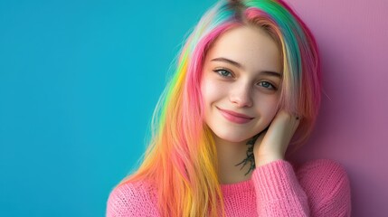Girl with vibrant, multicolored hair wearing a pink sweater, smiling softly while resting her chin on her hand against a blue and pink background.