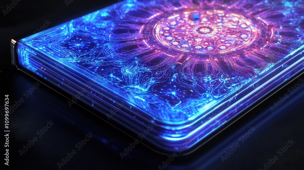 Poster imagine a high-tech notebook with a mandala design, where each pattern glows with vibrant circuits.