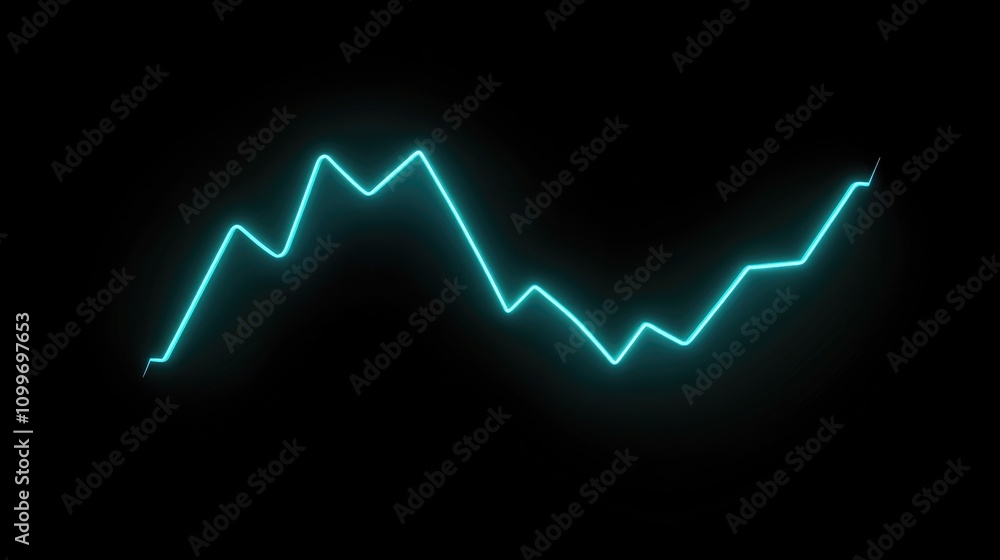 Poster a minimalistic line graph with smooth curves in neon blue on a black background, symbolizing trends 