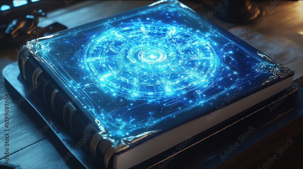 Poster imagine a high-tech notebook with a mandala design, where each pattern glows with vibrant circuits.