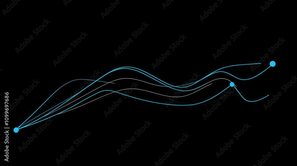Poster a minimalistic line graph with smooth curves in neon blue on a black background, symbolizing trends 