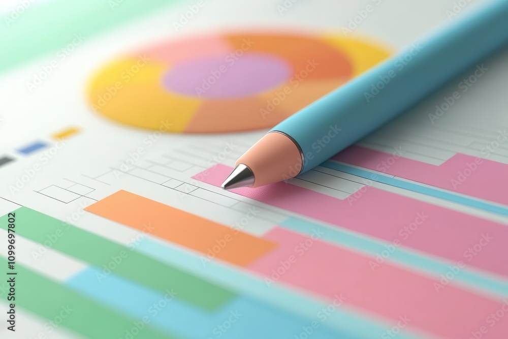 Poster a colorful chart and a pencil on a financial report, showcasing data visualization and analysis.
