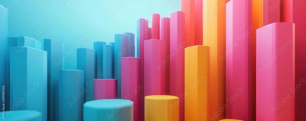 Poster a vibrant array of colorful cylindrical shapes, resembling bar graphs, set against a soft blue backg