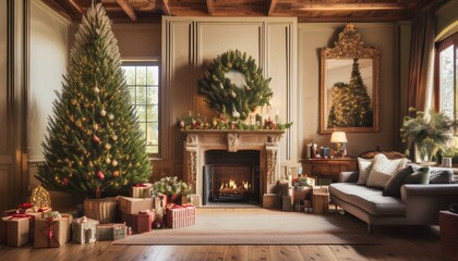 A traditional living room decorated with a cypress tree and a fireplace with ornaments and gifts for the holidays