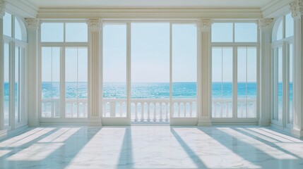 Fototapeta premium Ocean View Room With White Columns And Marble Floor