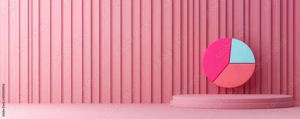 Poster a modern, minimalistic display featuring a colorful pie chart against a textured pink wall, emphasiz