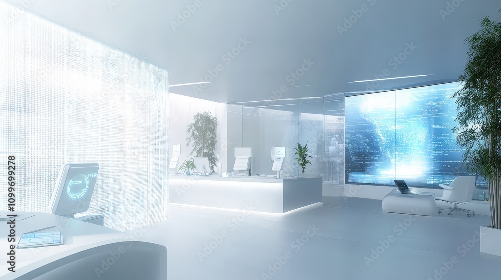 Poster imagine a smart office where ai systems assist in daily operations. a virtual assistant guides a per