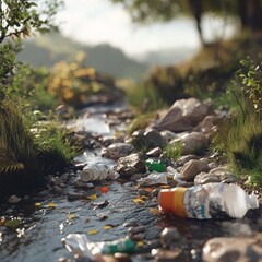 Obraz premium Pollution in Nature: A Stream with Trash and Debris