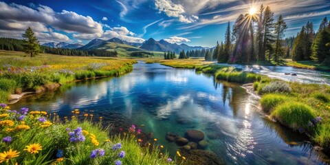 Obraz premium Double Exposure of Wyoming River and Alpine Stream in Yellowstone National Park Surrounded by Sunlit Meadows