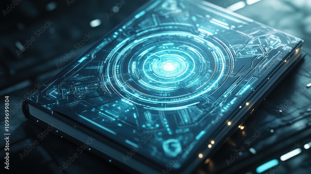 Poster imagine a stylish notebook with a futuristic mandala design on the cover, glowing circuits tracing t
