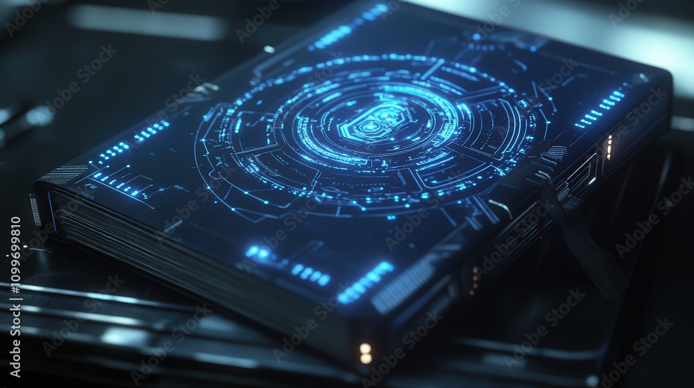 Poster imagine a stylish notebook with a futuristic mandala design on the cover, glowing circuits tracing t